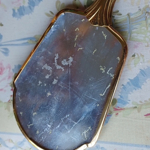Vintage Floral White Back Gold Tone Handheld Mirror, glass is missing - Picture 3 of 5